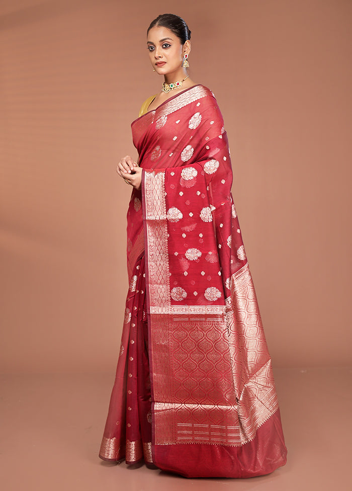 Maroon Kora Silk Saree With Blouse Piece