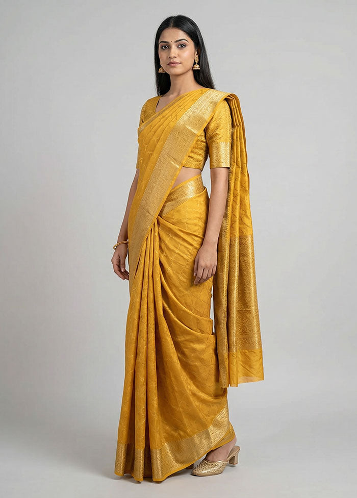 Yellow Dupion Silk Saree With Blouse Piece