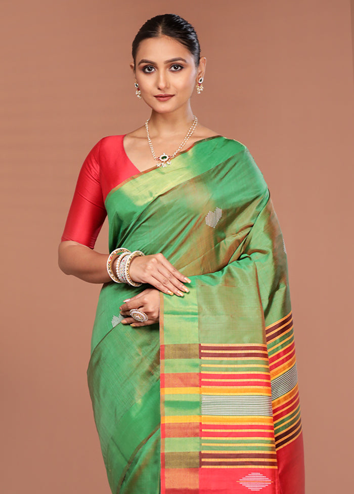 Green Handloom Kalakshetra Pure Silk Saree With Blouse Piece