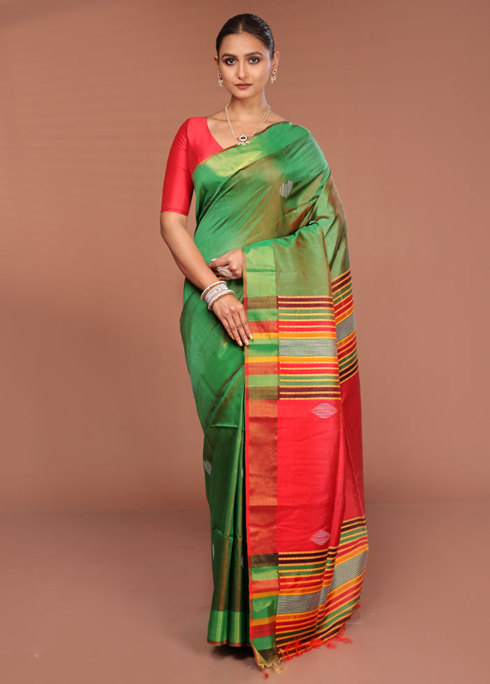 Green Handloom Kalakshetra Pure Silk Saree With Blouse Piece