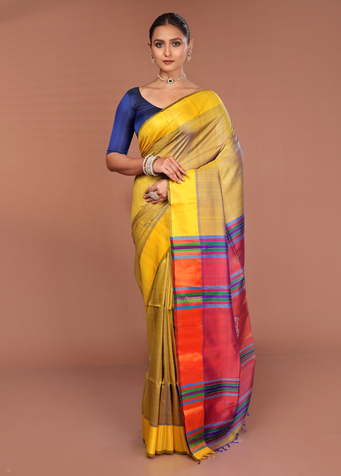 Green Handloom Kalakshetra Pure Silk Saree With Blouse Piece
