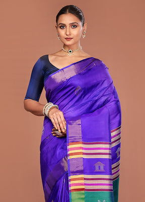 Blue Handloom Kalakshetra Pure Silk Saree With Blouse Piece