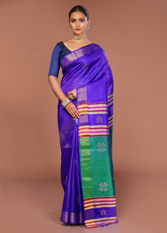 Blue Handloom Kalakshetra Pure Silk Saree With Blouse Piece