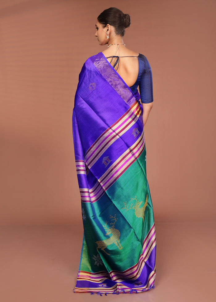 Blue Handloom Kalakshetra Pure Silk Saree With Blouse Piece