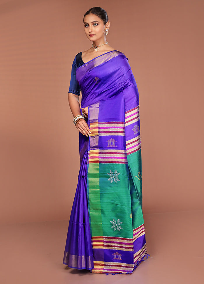 Blue Handloom Kalakshetra Pure Silk Saree With Blouse Piece