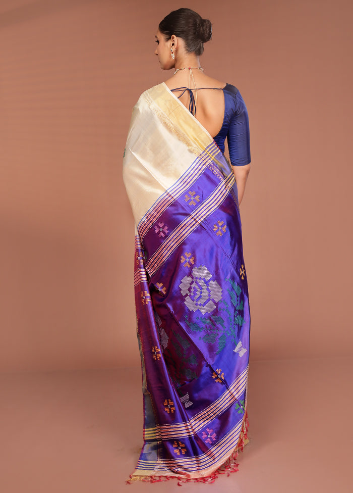 Cream Handloom Kalakshetra Pure Silk Saree With Blouse Piece