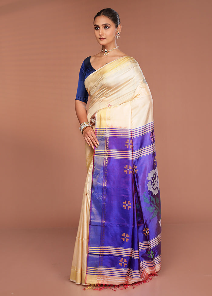 Cream Handloom Kalakshetra Pure Silk Saree With Blouse Piece