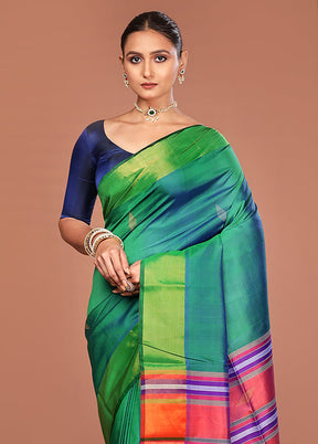 Green Handloom Kalakshetra Pure Silk Saree With Blouse Piece