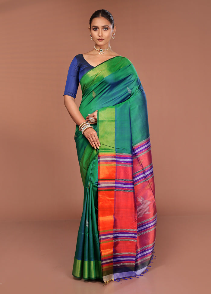 Green Handloom Kalakshetra Pure Silk Saree With Blouse Piece