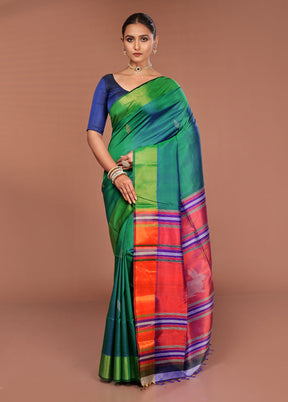 Green Handloom Kalakshetra Pure Silk Saree With Blouse Piece