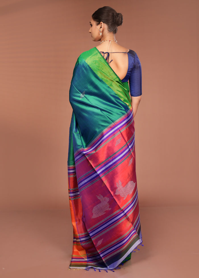 Green Handloom Kalakshetra Pure Silk Saree With Blouse Piece