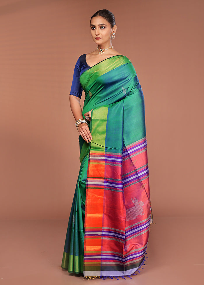 Green Handloom Kalakshetra Pure Silk Saree With Blouse Piece