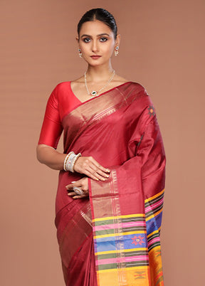 Maroon Handloom Kalakshetra Pure Silk Saree With Blouse Piece