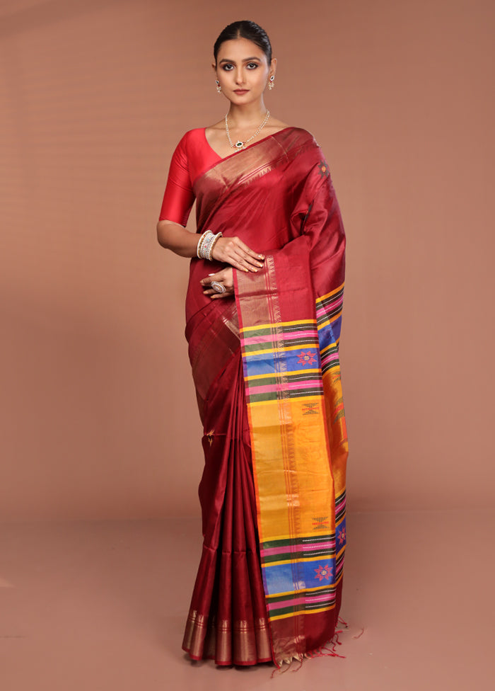 Maroon Handloom Kalakshetra Pure Silk Saree With Blouse Piece