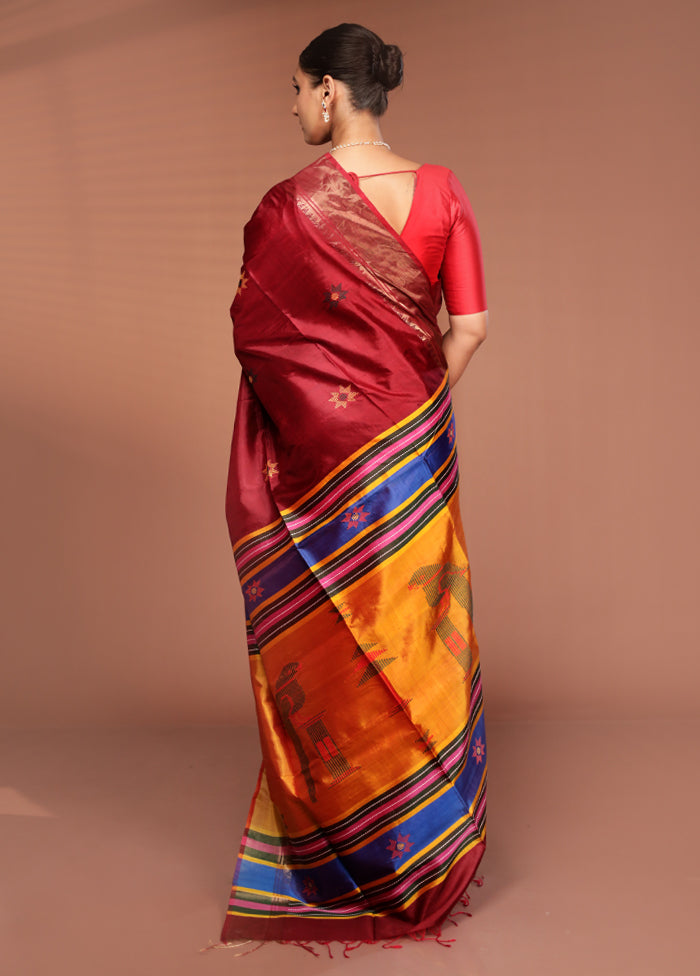 Maroon Handloom Kalakshetra Pure Silk Saree With Blouse Piece