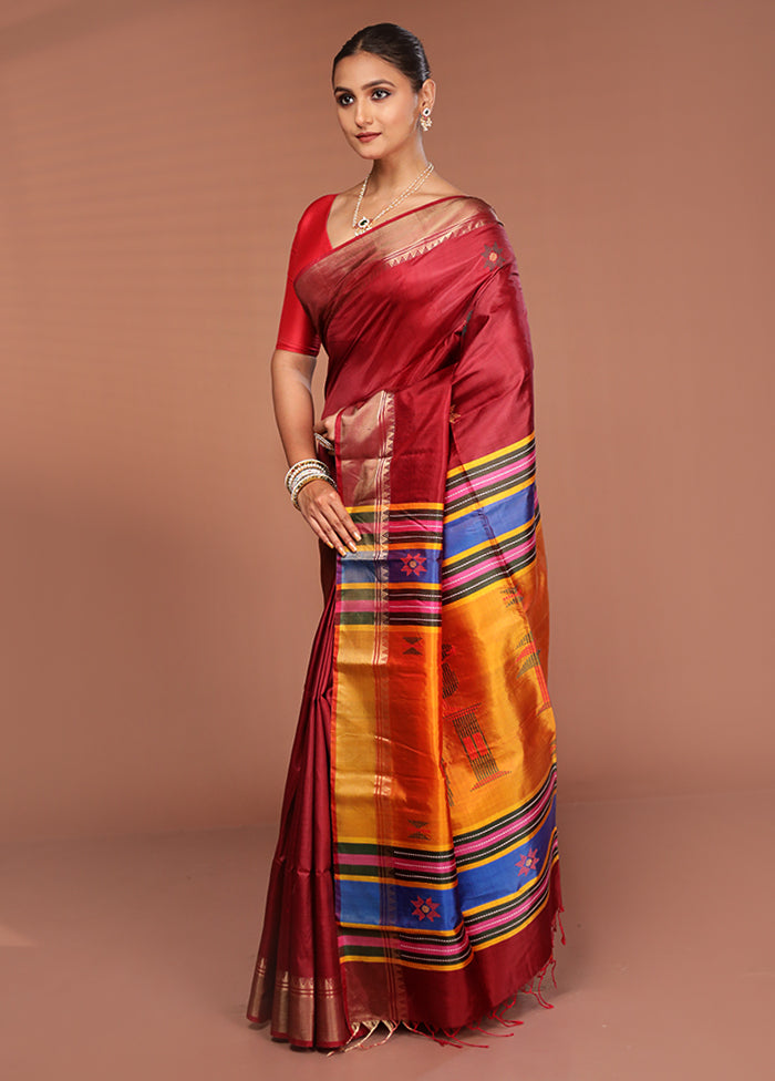 Maroon Handloom Kalakshetra Pure Silk Saree With Blouse Piece