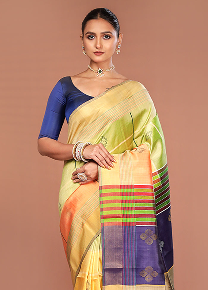 Peach Handloom Kalakshetra Pure Silk Saree With Blouse Piece