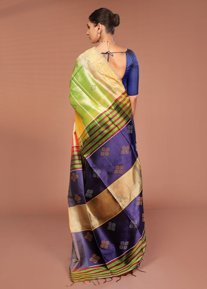 Peach Handloom Kalakshetra Pure Silk Saree With Blouse Piece