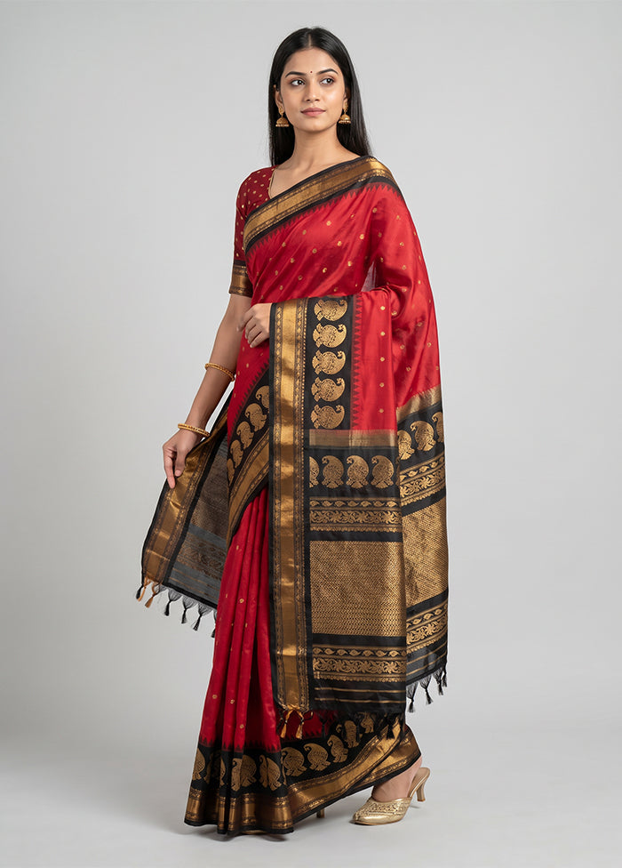 Red Gadwal Pure Silk Saree Without Blouse Piece