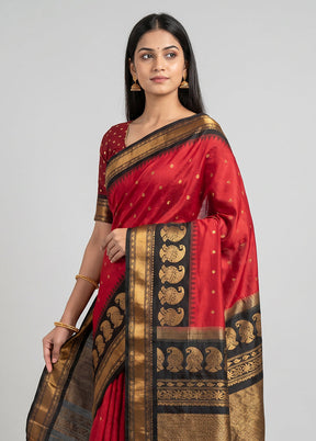 Red Gadwal Pure Silk Saree Without Blouse Piece