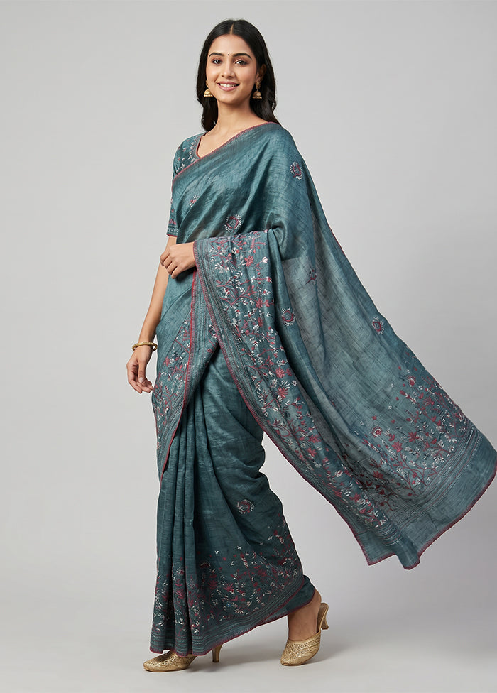 Green Tussar Silk Saree With Blouse Piece