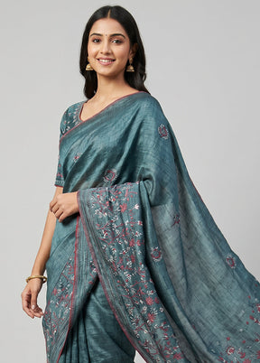 Green Tussar Silk Saree With Blouse Piece