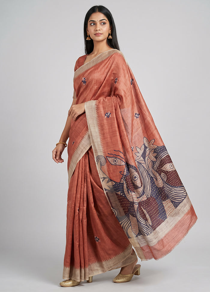Peach Tussar Silk Saree With Blouse Piece