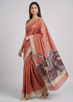 Peach Tussar Silk Saree With Blouse Piece