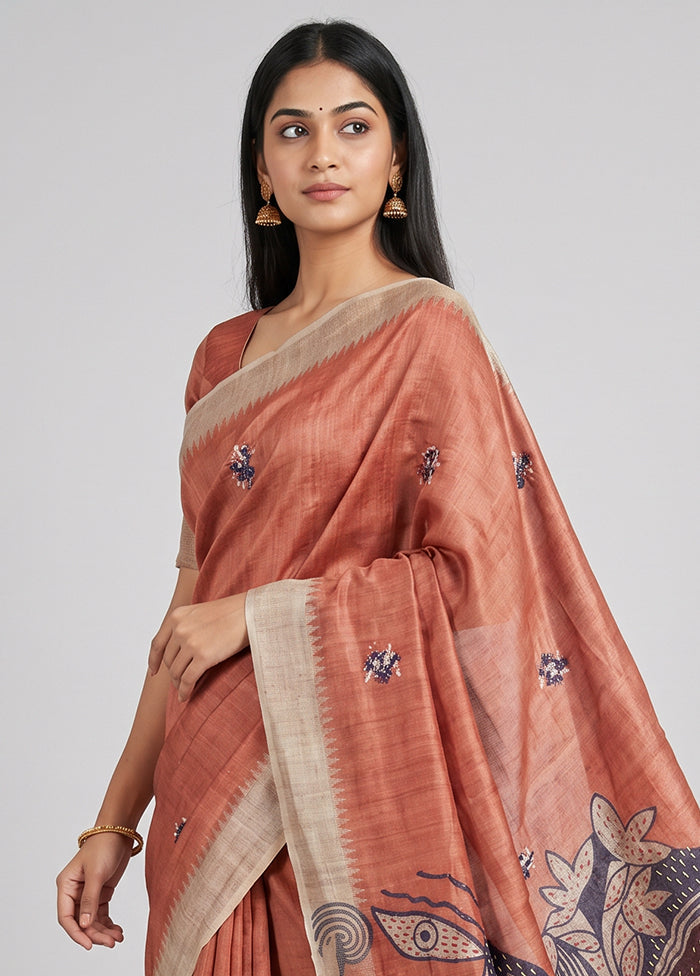 Peach Tussar Silk Saree With Blouse Piece