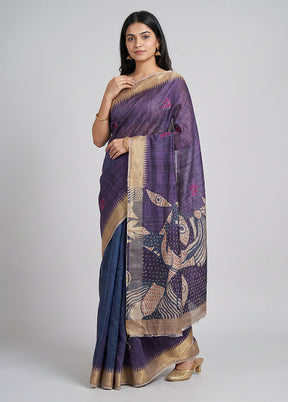 Purple Tussar Silk Saree With Blouse Piece