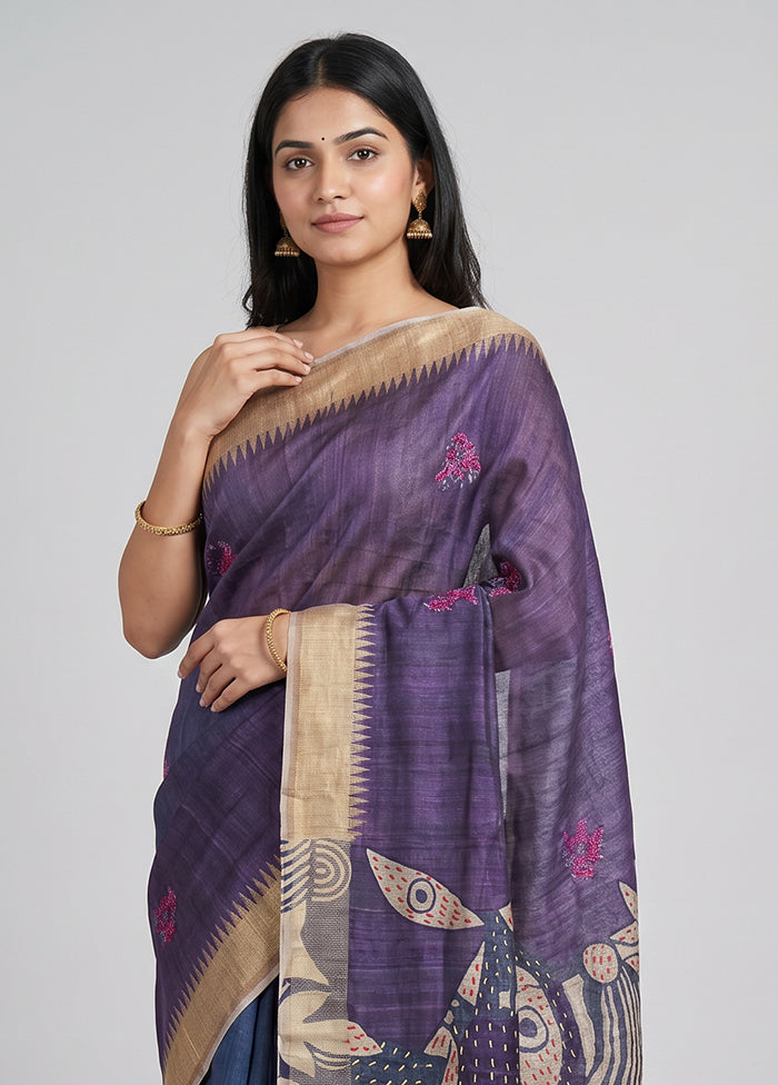 Purple Tussar Silk Saree With Blouse Piece