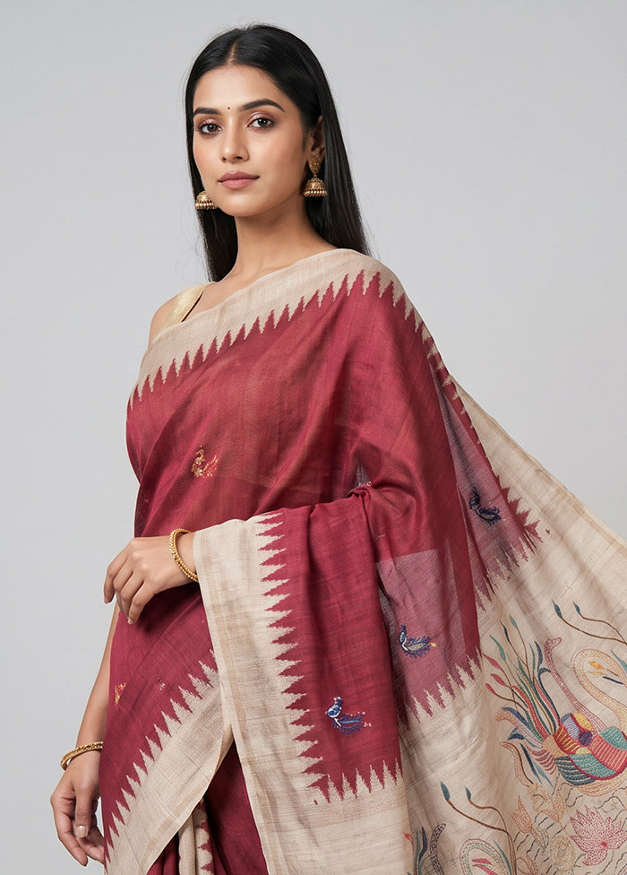 Pink Tussar Silk Saree With Blouse Piece