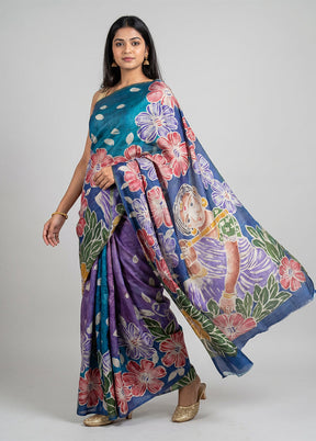 Blue Handloom Tussar Pure Silk Saree With Blouse Piece