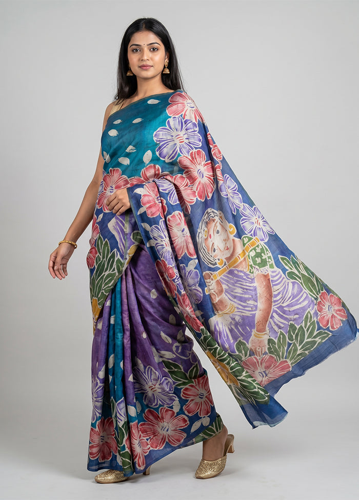 Blue Handloom Tussar Pure Silk Saree With Blouse Piece