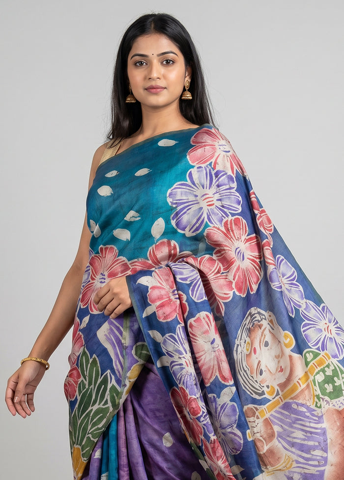 Blue Handloom Tussar Pure Silk Saree With Blouse Piece
