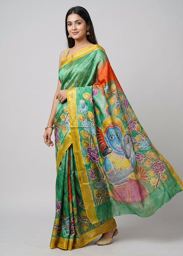 Green Handloom Tussar Pure Silk Saree With Blouse Piece