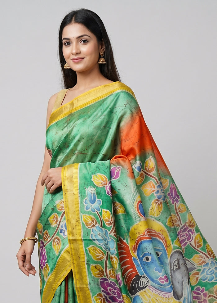Green Handloom Tussar Pure Silk Saree With Blouse Piece