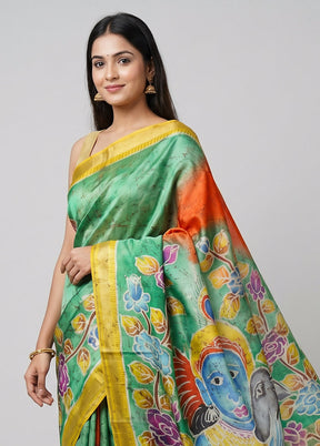 Green Handloom Tussar Pure Silk Saree With Blouse Piece