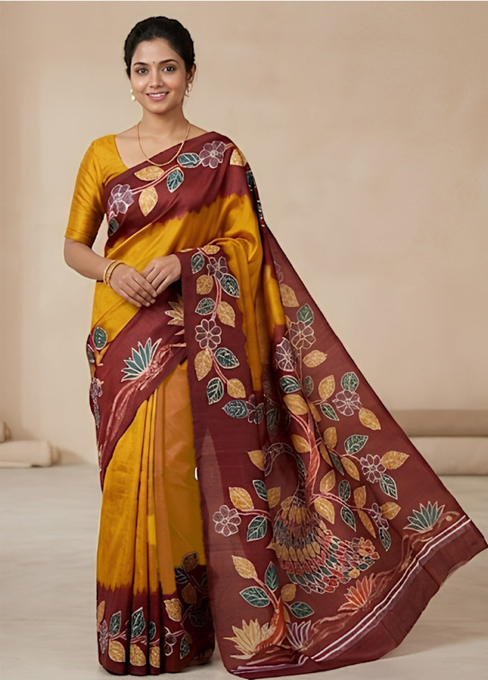 Yellow Printed Silk Saree Without Blouse Piece