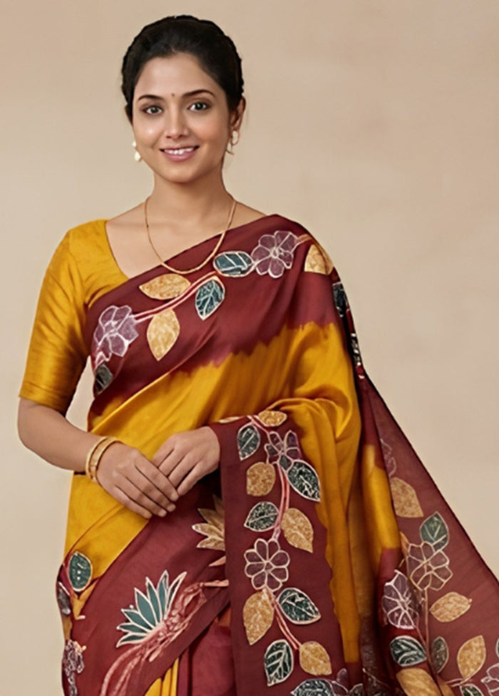 Yellow Printed Silk Saree Without Blouse Piece