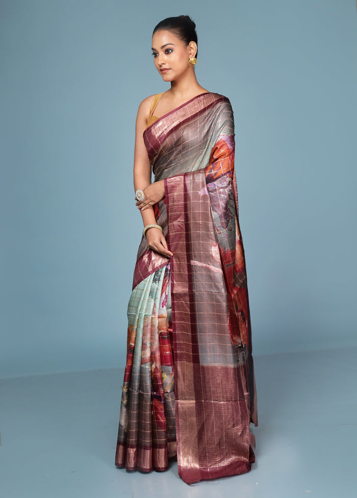 Multicolor Handloom Tussar Pure Silk Saree With Blouse Piece