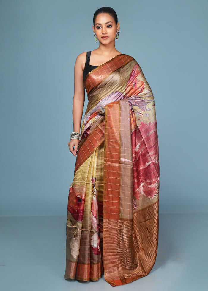 Green Handloom Tussar Pure Silk Saree With Blouse Piece