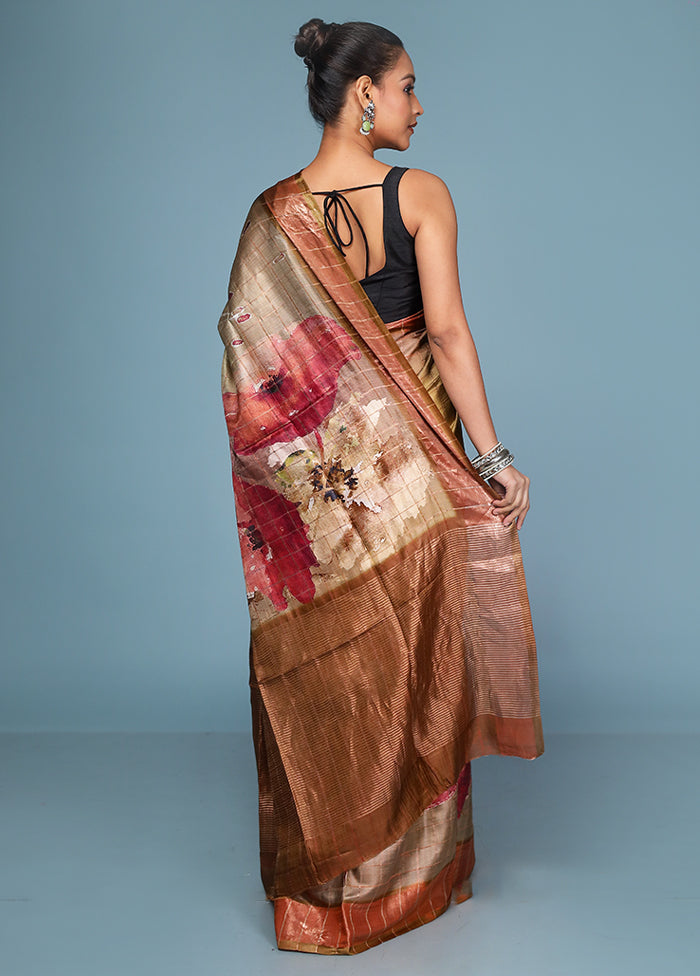 Green Handloom Tussar Pure Silk Saree With Blouse Piece
