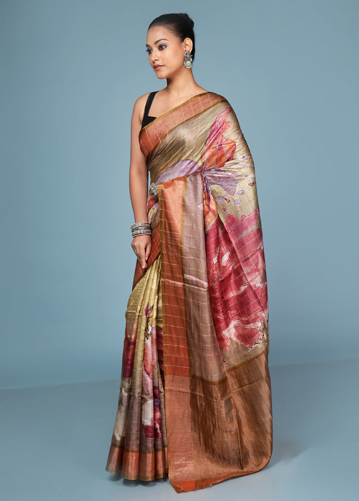 Green Handloom Tussar Pure Silk Saree With Blouse Piece