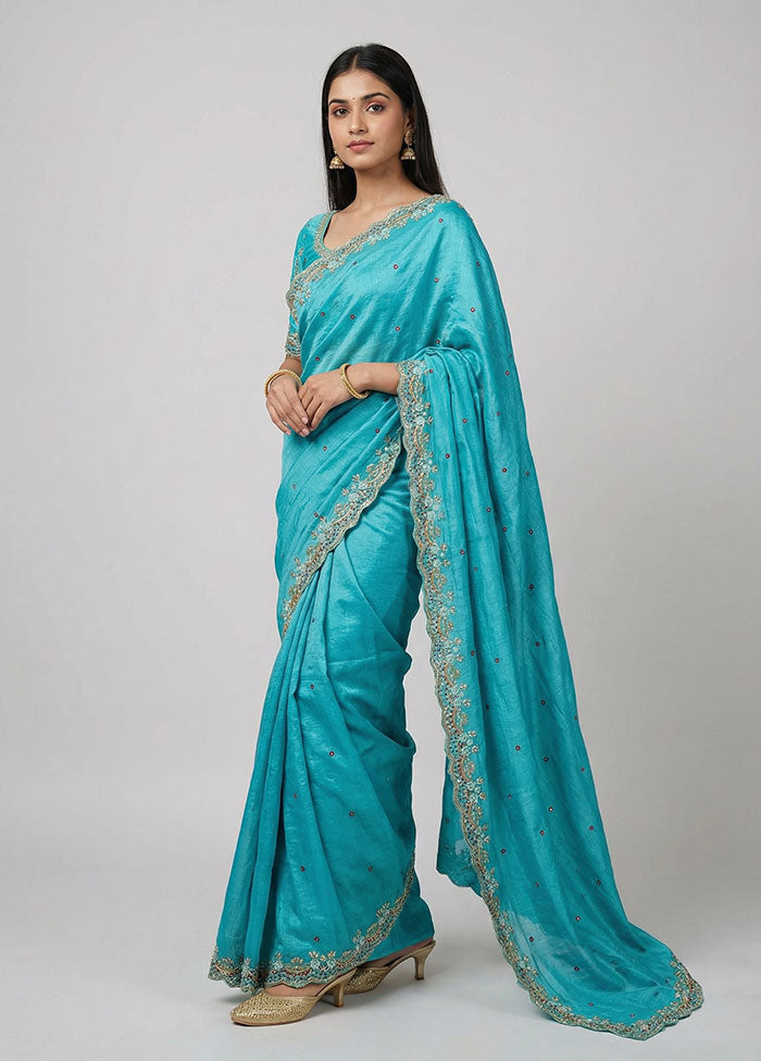 Blue Handloom Tussar Pure Silk Saree With Blouse Piece
