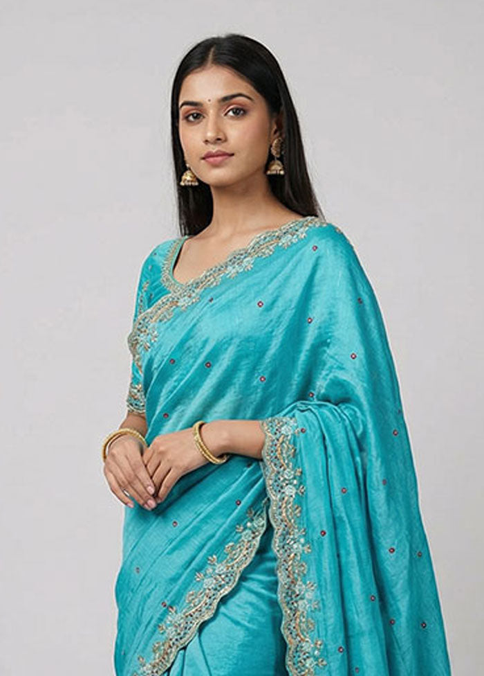 Blue Handloom Tussar Pure Silk Saree With Blouse Piece