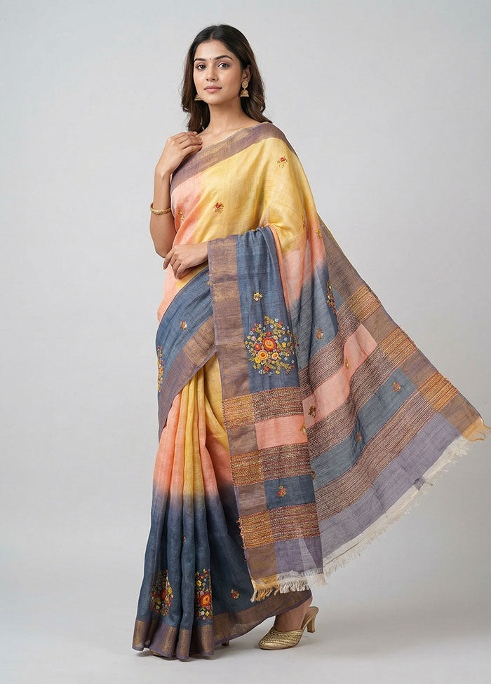 Multicolor Handloom Tussar Pure Silk Saree With Blouse Piece