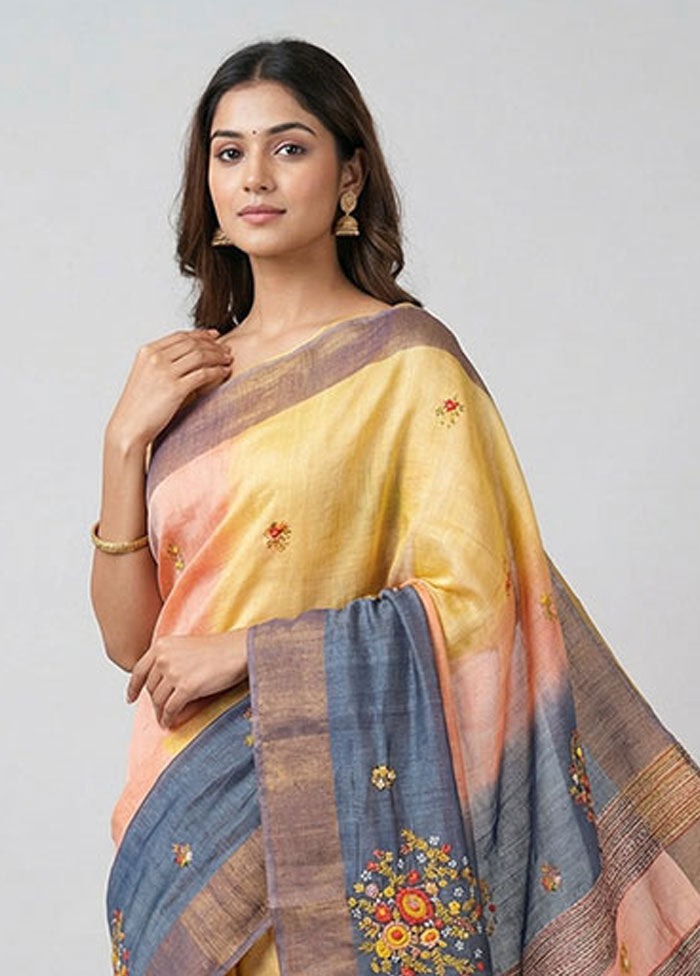 Multicolor Handloom Tussar Pure Silk Saree With Blouse Piece