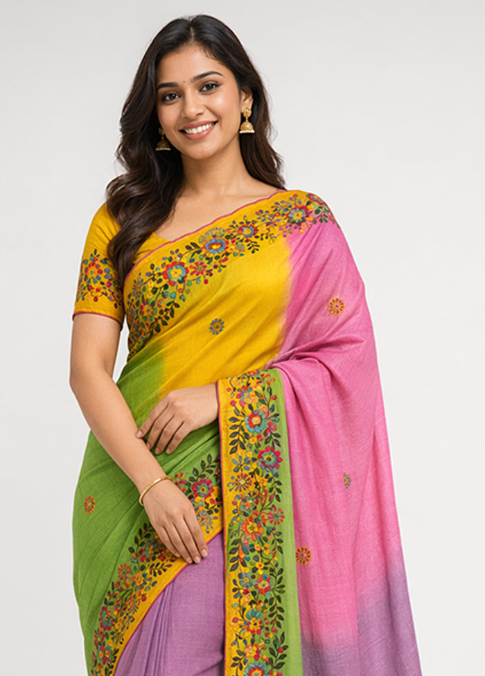 Multicolor Handloom Tussar Pure Silk Saree With Blouse Piece