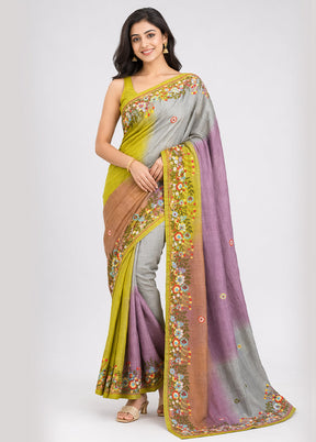 Purple Handloom Tussar Pure Silk Saree With Blouse Piece